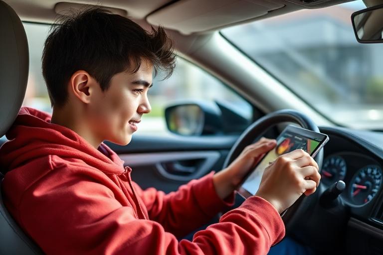 Person lernt Fahrschultheorie auf Tablet