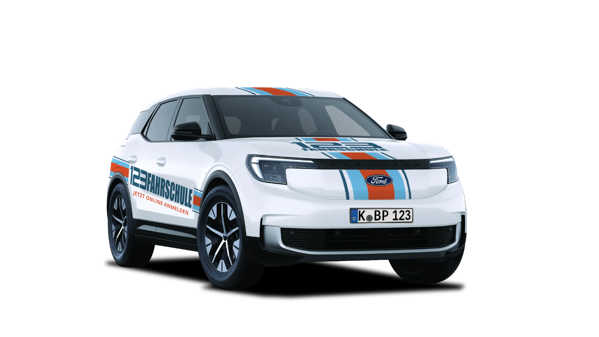 Ford Explorer Elektro Frontansicht im 123fahrschule-Branding