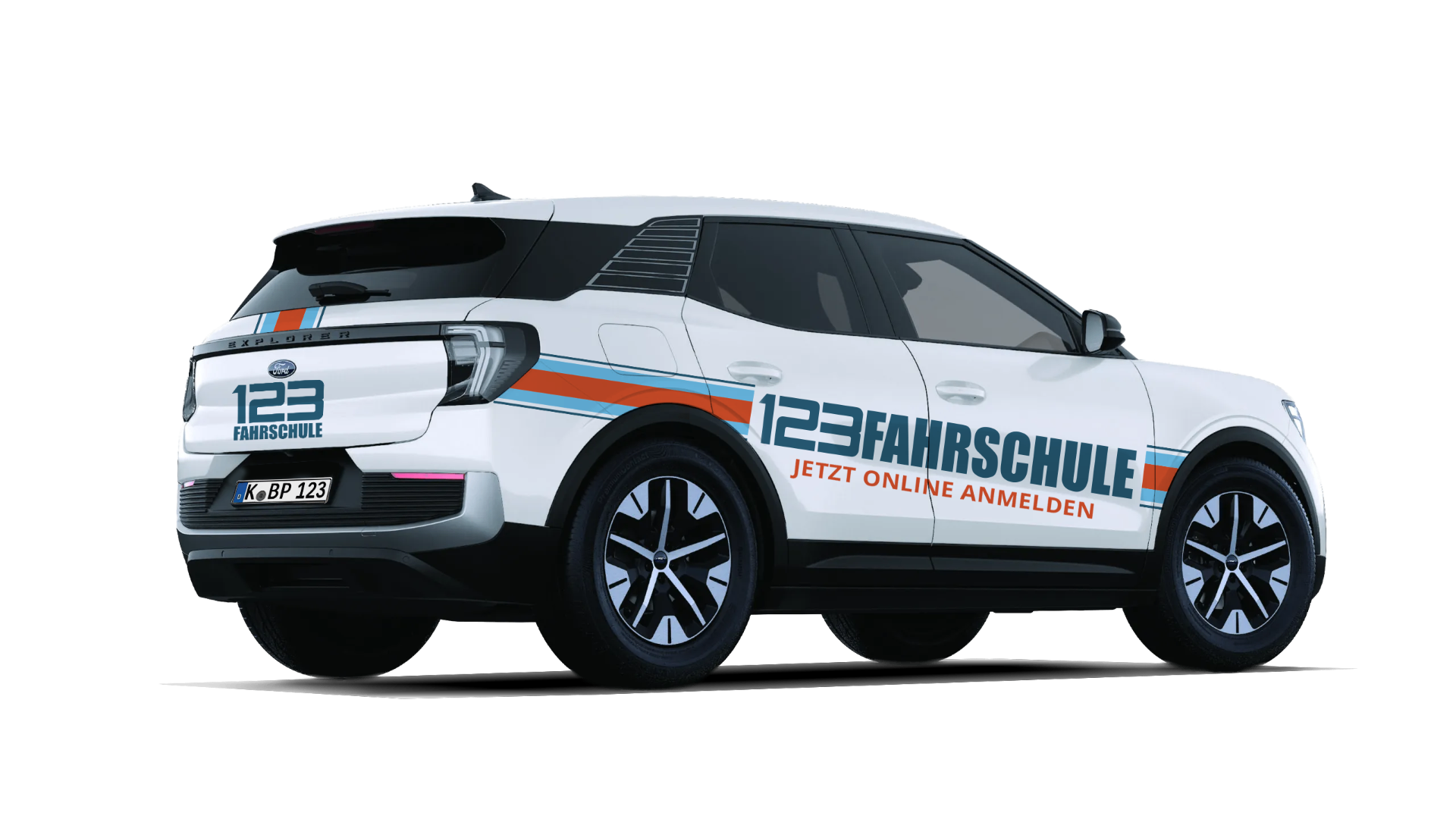 Ford Explorer Elektro Seitenansicht im 123fahrschule-Branding