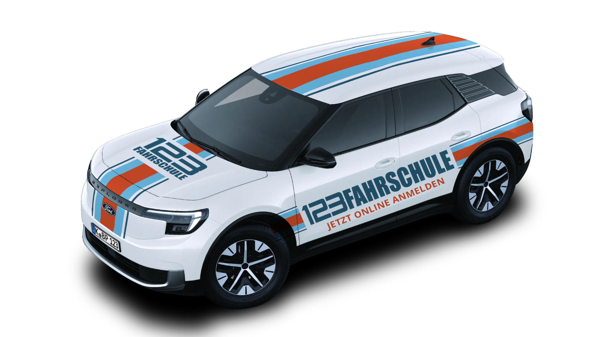 Ford Explorer Elektro Topansicht im 123fahrschule-Branding