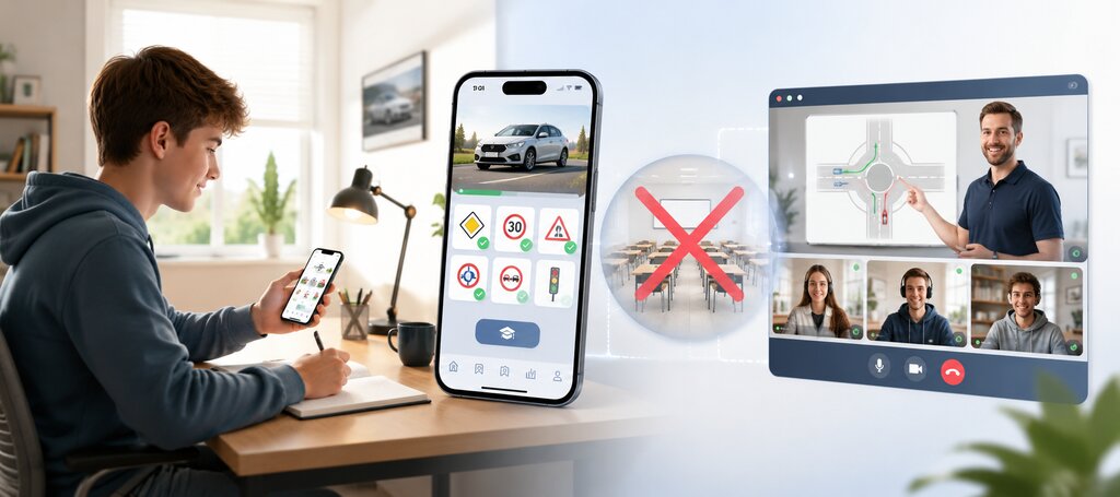 Moderner digitaler Fahrschulunterricht mit Tablets und Bildschirmen