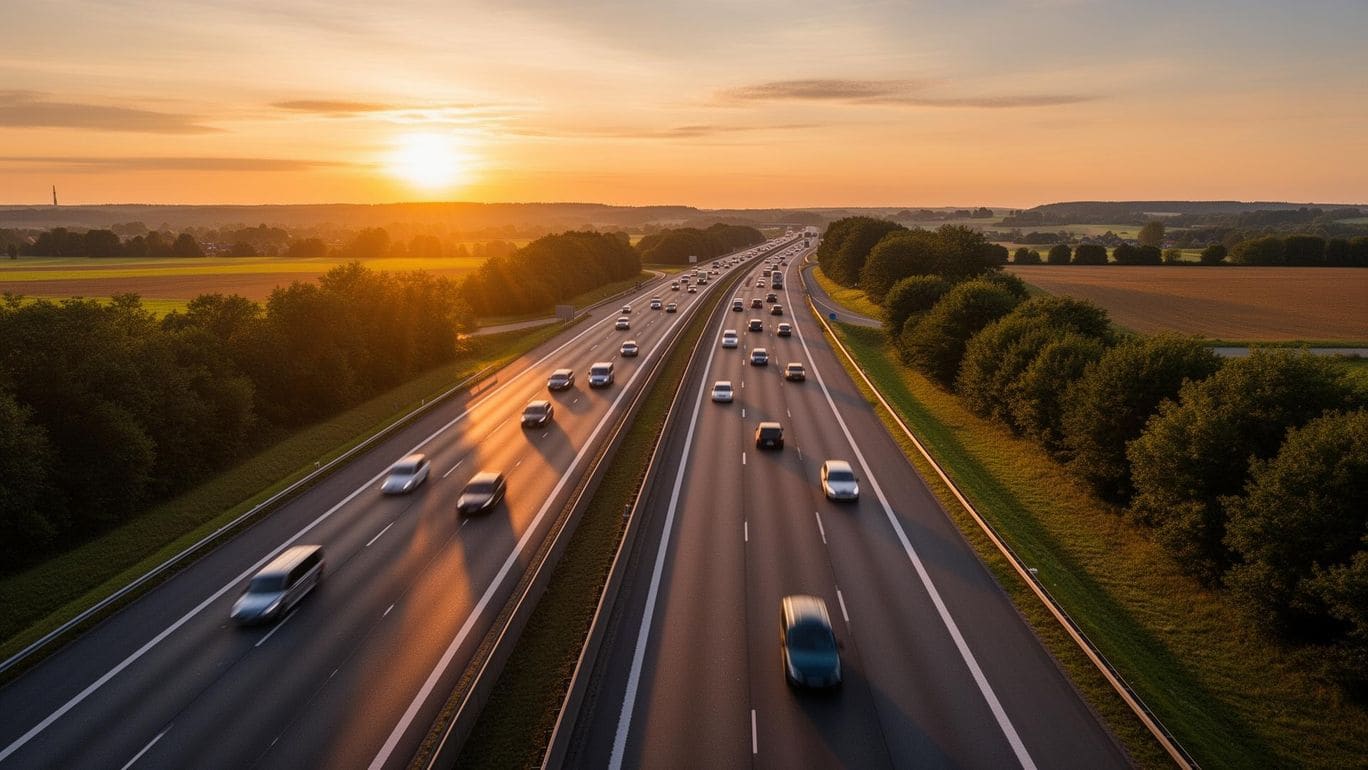 Deutsche Autobahn bei Sonnenuntergang - Symbolbild für die Fahrschulreform 2027